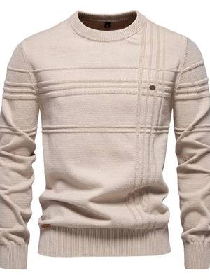 Textured panel crewneck knit sweater in Dust Storm with horizontal and vertical stitch details.