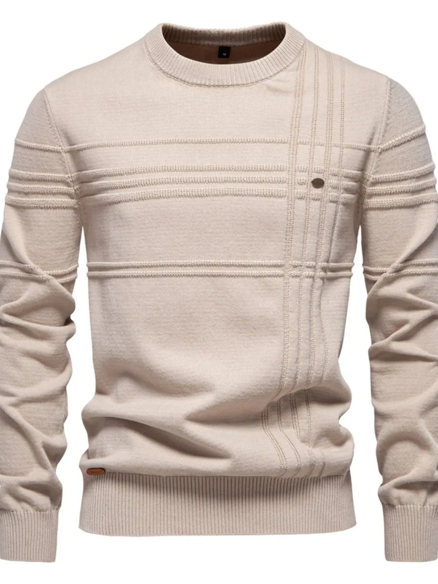 Textured panel crewneck knit sweater in Dust Storm with horizontal and vertical stitch details.