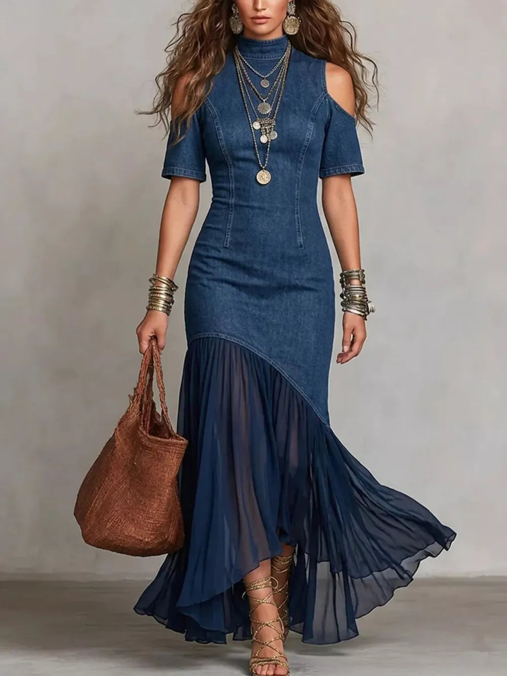 maxi dress in denim blue featuring cold shoulder and A-line fit