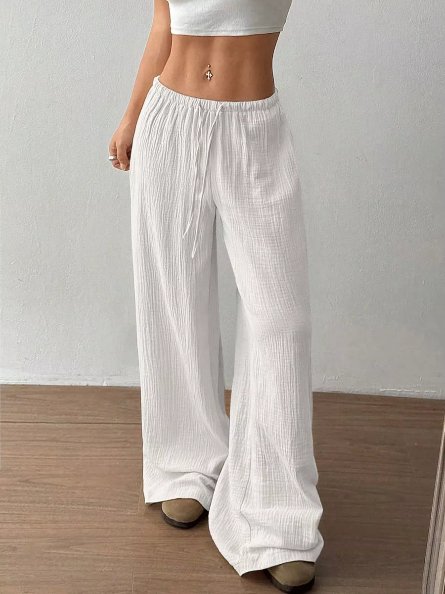 White Wide-leg Drawstring Cotton Pants