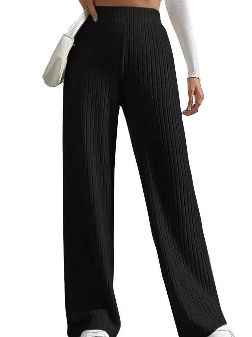 wide-leg pants in Beige with ribbed and ribbed