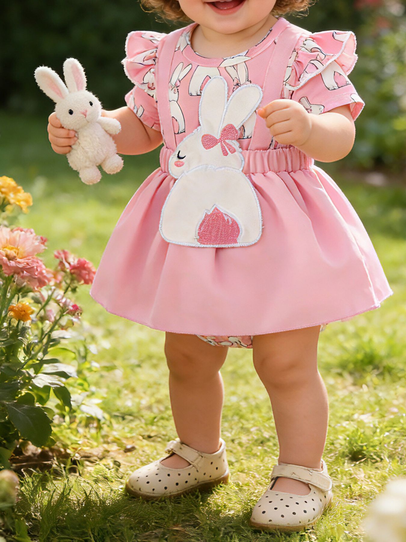Pink baby dress set with bunny applique and bow headband, short sleeves, ruffled shoulders.