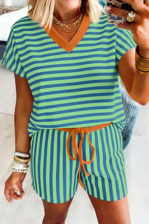 Striped cotton v-neck two-piece set with drawstring shorts and orange trim.