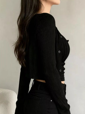 Black ribbed knit cardigan with button detail and matching tank top.