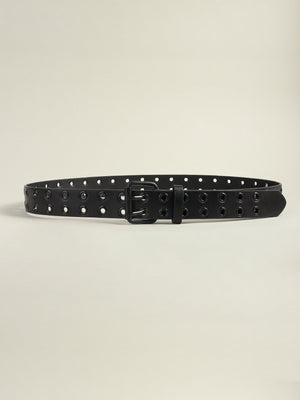 Black vegan leather belt with double grommet detail and silver buckle
