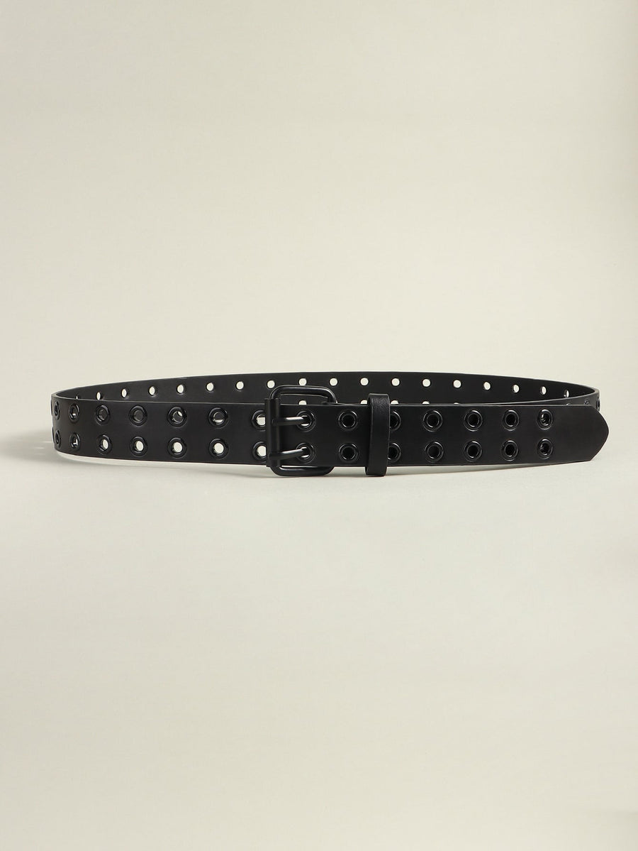 Black vegan leather belt with double grommet detail and silver buckle