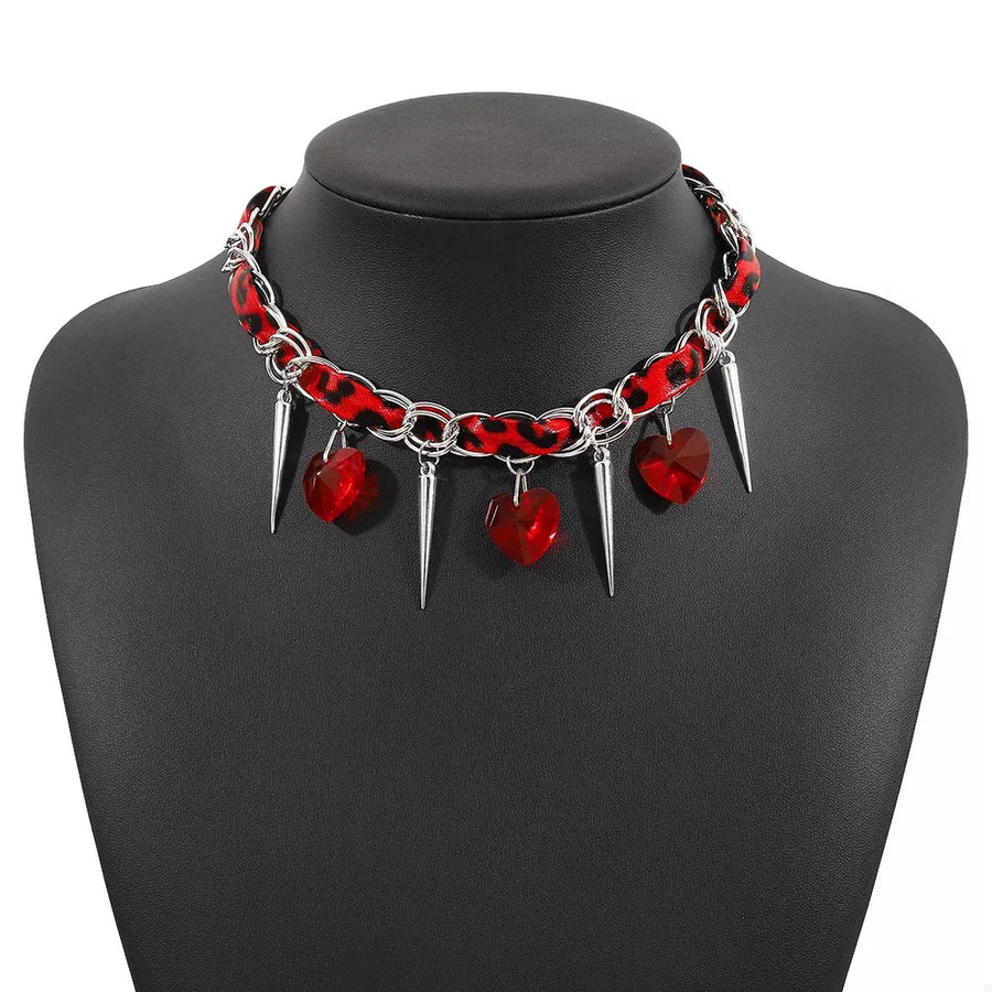 necklace in red with heart charms and choker