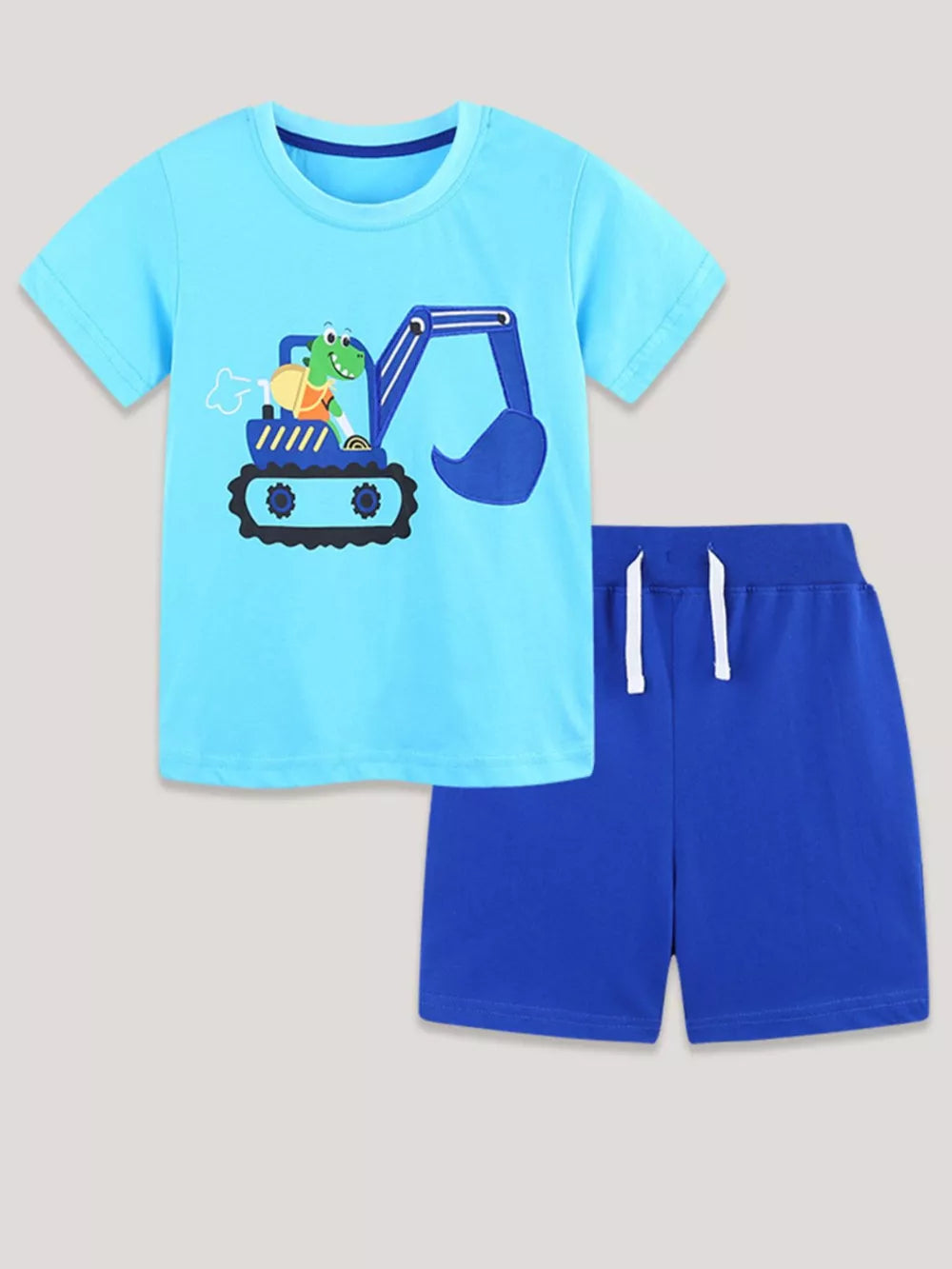Boys' blue cotton t-shirt and shorts set with excavator cartoon graphic