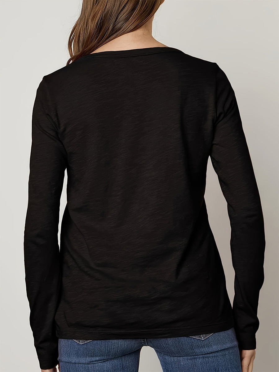 Black long sleeve casual top with a textured finish.