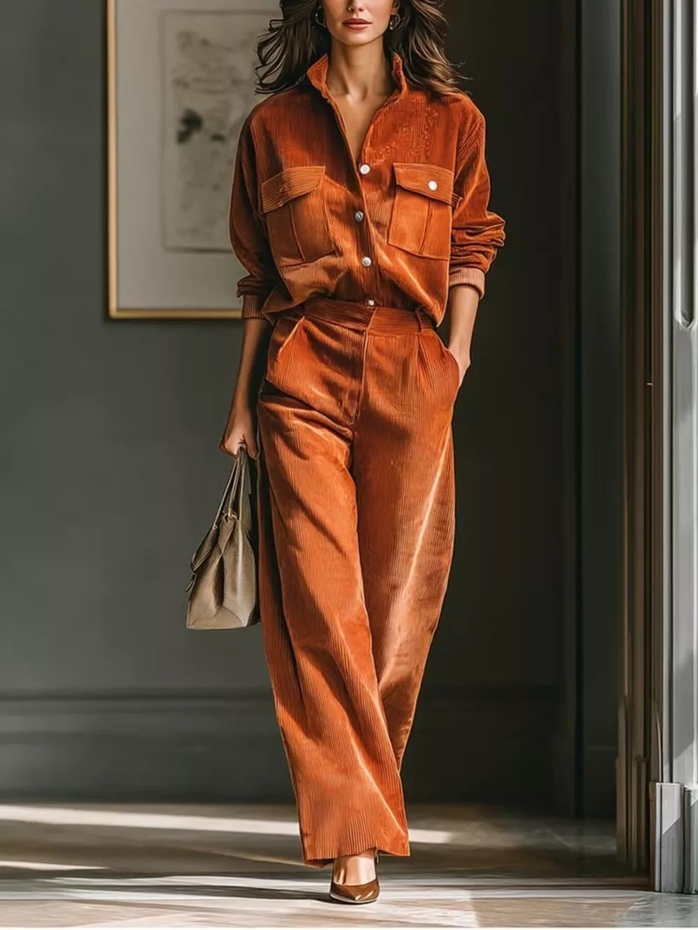 two-piece set in rust featuring buttoned and relaxed fit