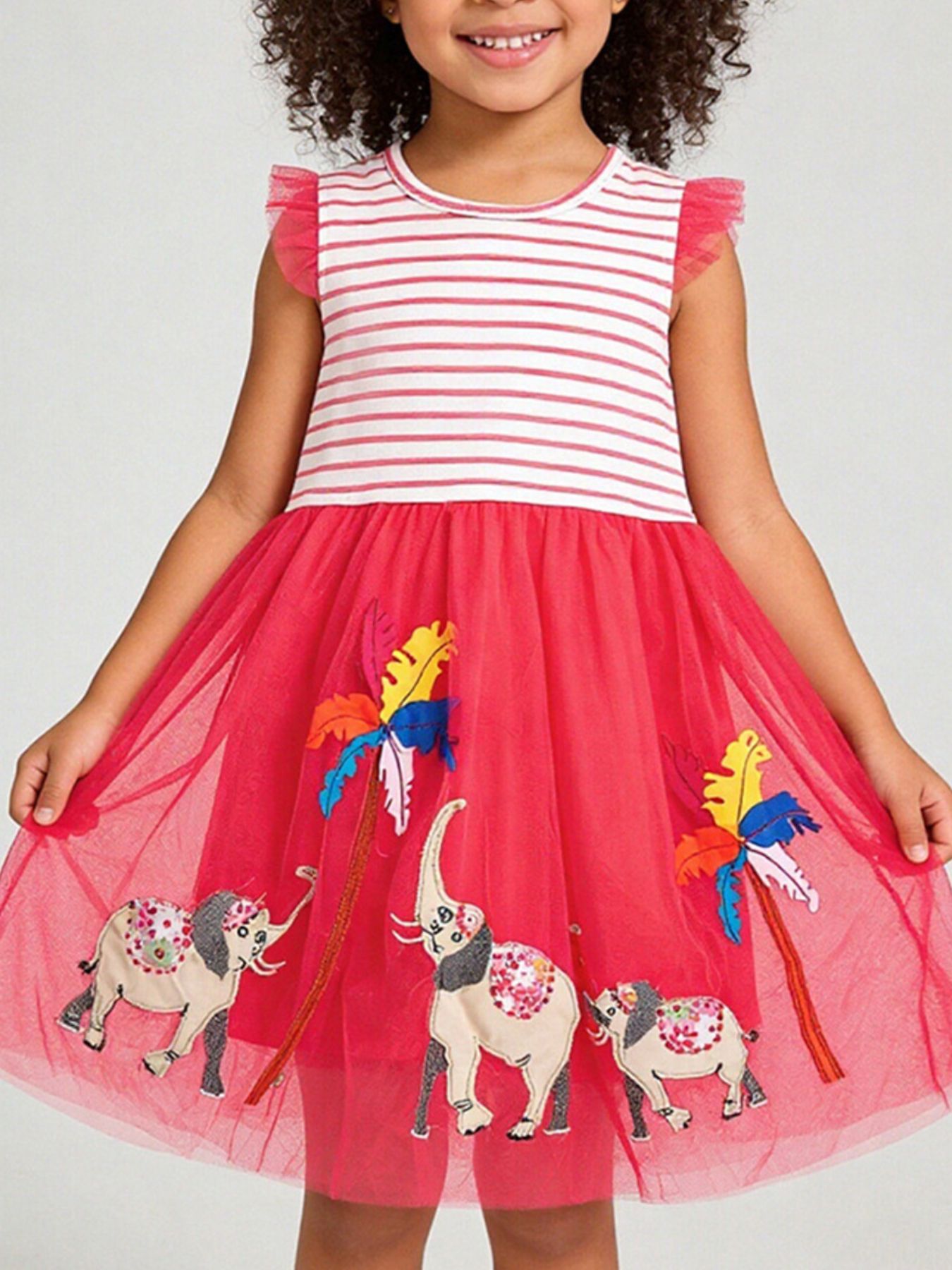 Toddler red tulle dress with embroidered elephants and palm trees, striped bodice