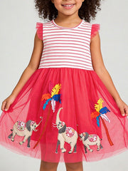 Toddler red tulle dress with embroidered elephants and palm trees, striped bodice