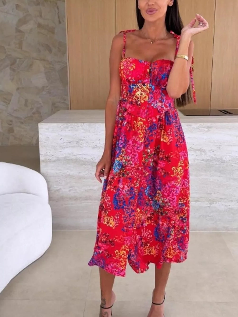 Floral tie-strap A-line midi dress in Scarlet with a vibrant floral print and sweetheart neckline.