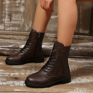 Gray boots with ankle-length and lace-up, zip-front