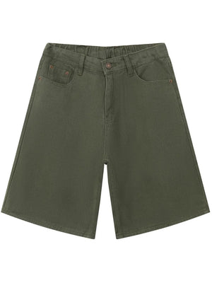 Army green textured denim bermuda shorts with elastic waistband and button closure.