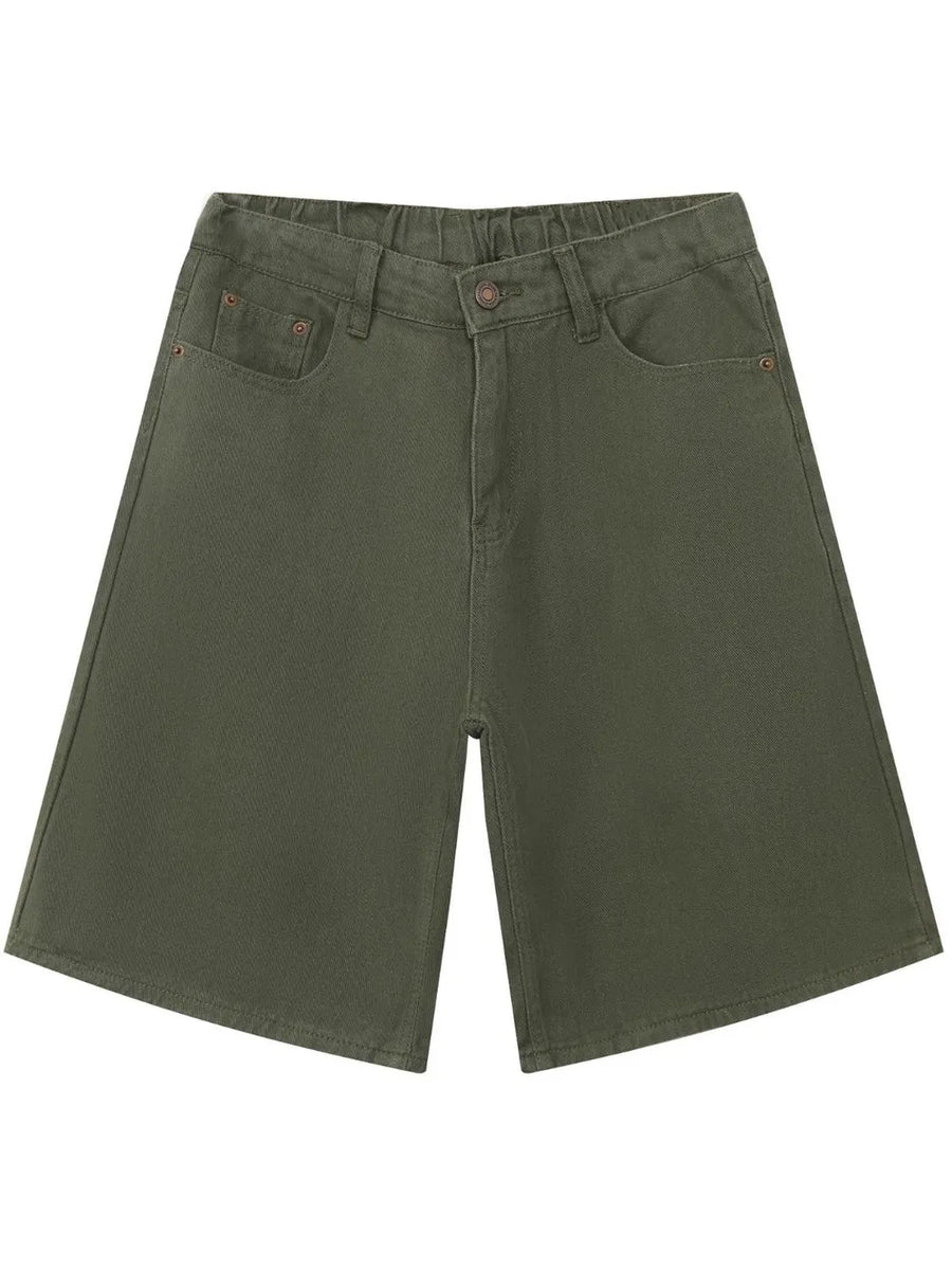 Army green textured denim bermuda shorts with elastic waistband and button closure.