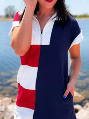 Americana colorblock mini dress with quarter zip, short sleeves, and pockets in dark navy, red, and white.