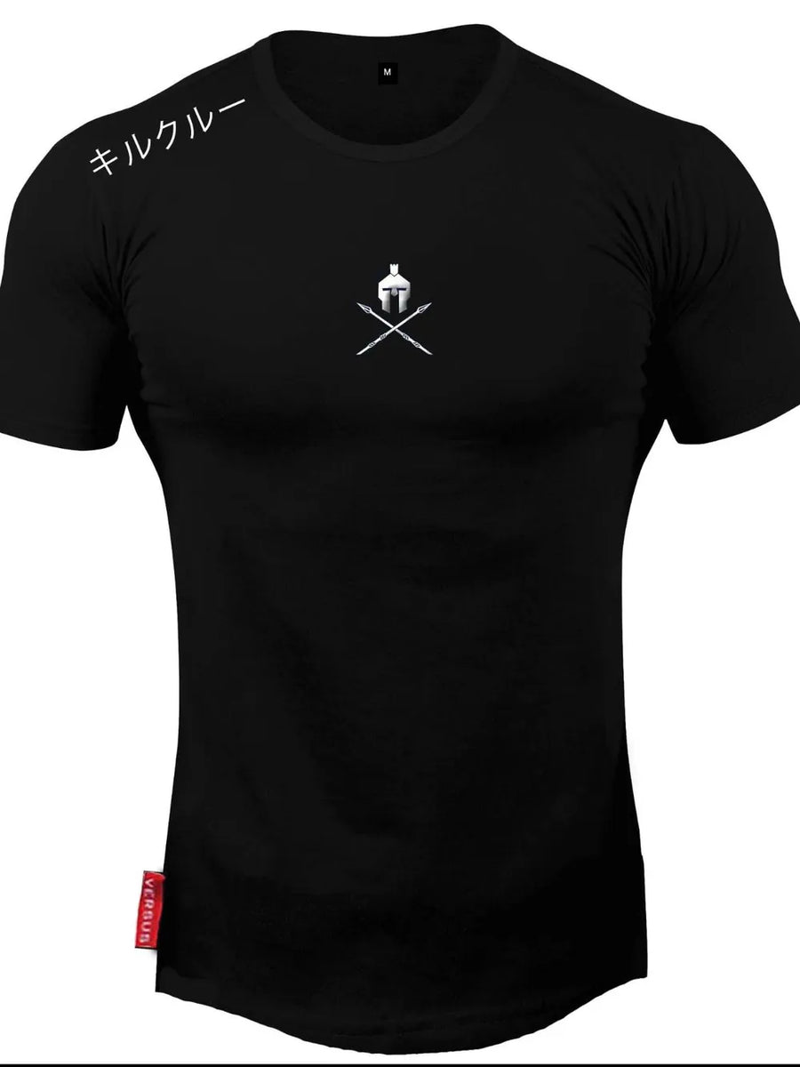 Black muscle fit tee with Spartan graphic and Japanese text detail.