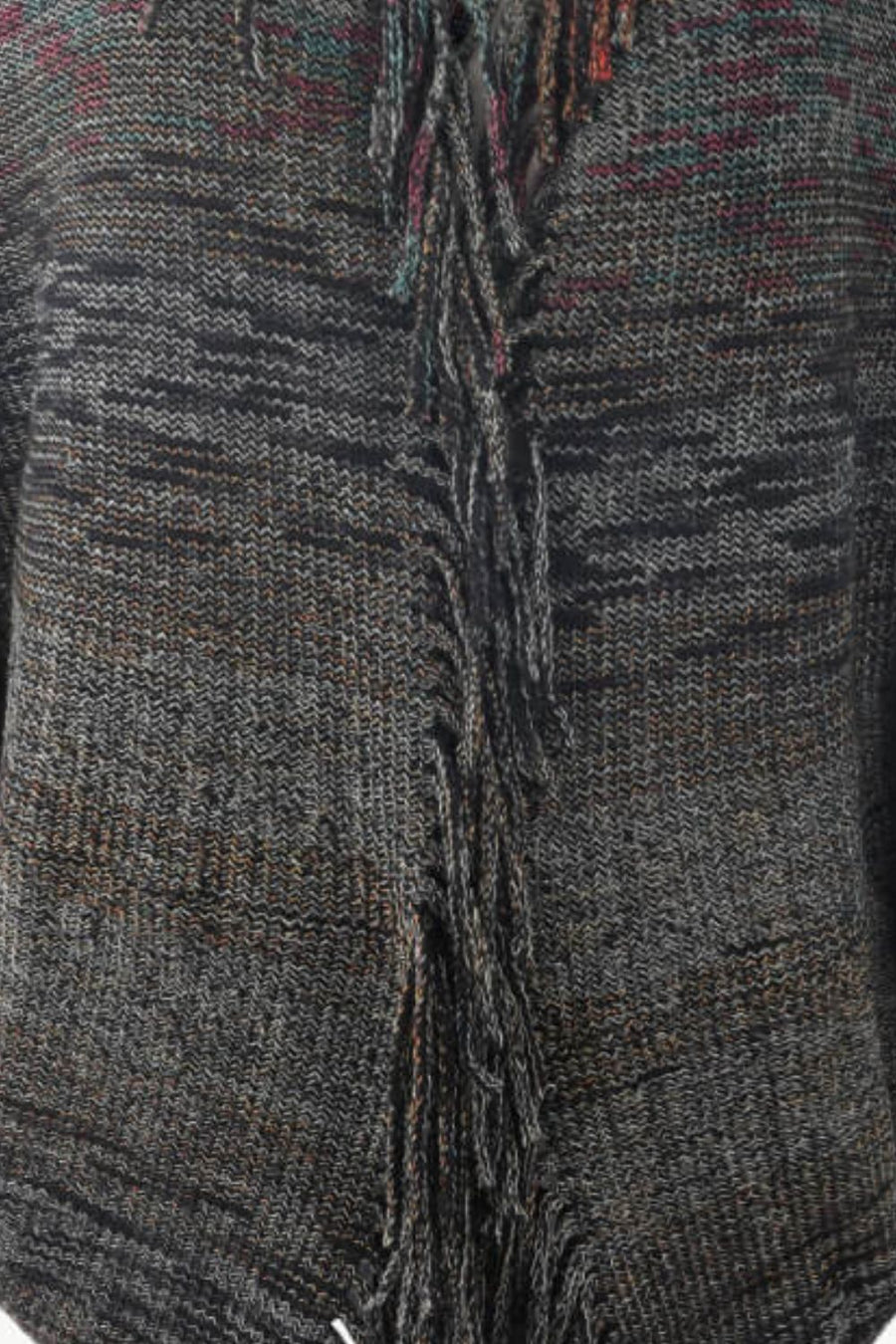 Textured knit cape in gray with colorful threads and fringe detail