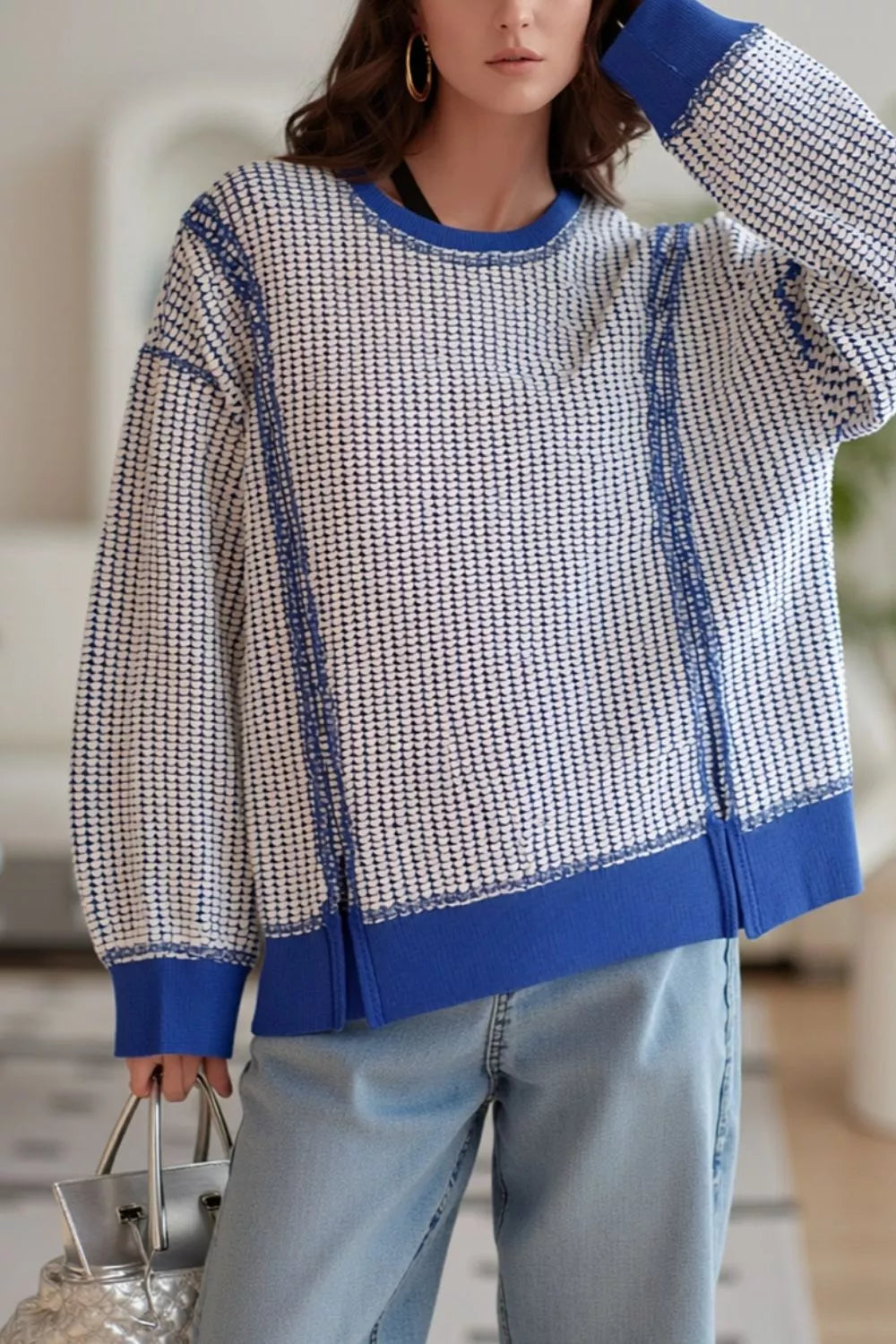 white sweatshirt with waffle-knit and crew neck