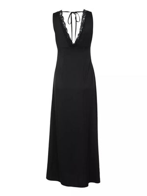 Black lace-trimmed sleeveless maxi gown with a deep V-neck and tie back.