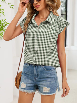 Blue with Plaid Button Up Cap Sleeve Shirt in Blue