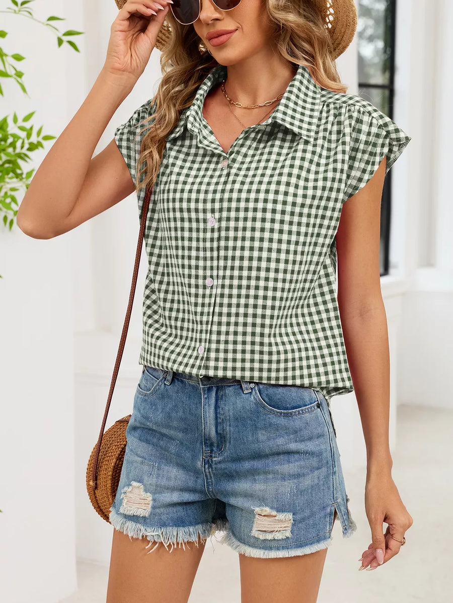 Blue with Plaid Button Up Cap Sleeve Shirt in Blue