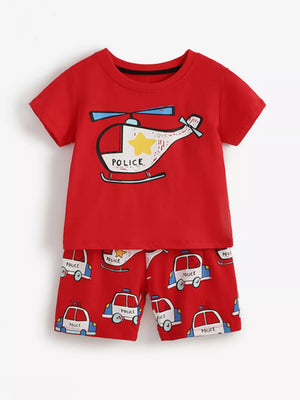 Red cotton toddler outfit with police helicopter and car graphics.