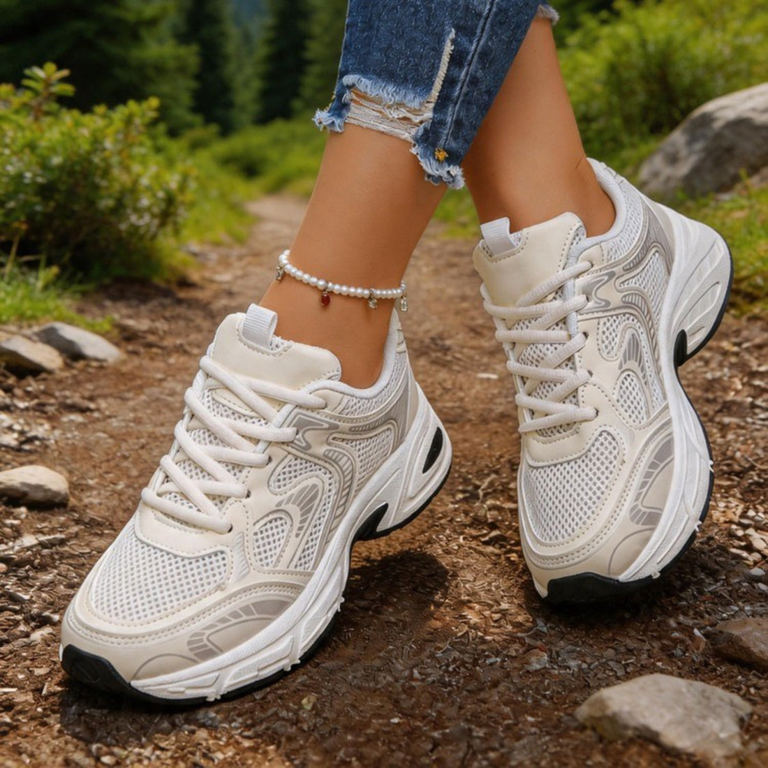 athletic shoes in cream featuring breathable and chunky fit