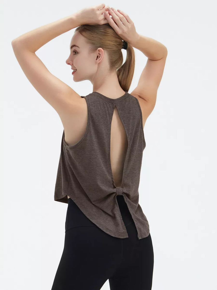 Brown heathered knit tank top with open back and tie detail.
