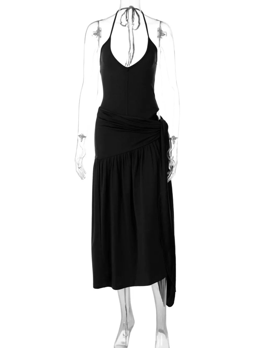 Black halter neck ruched maxi dress with deep v-neck and tie detail