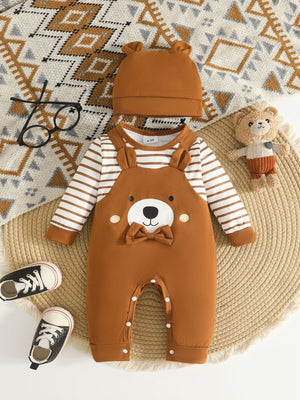 caramel brown jumpsuit with bear pattern and round neck