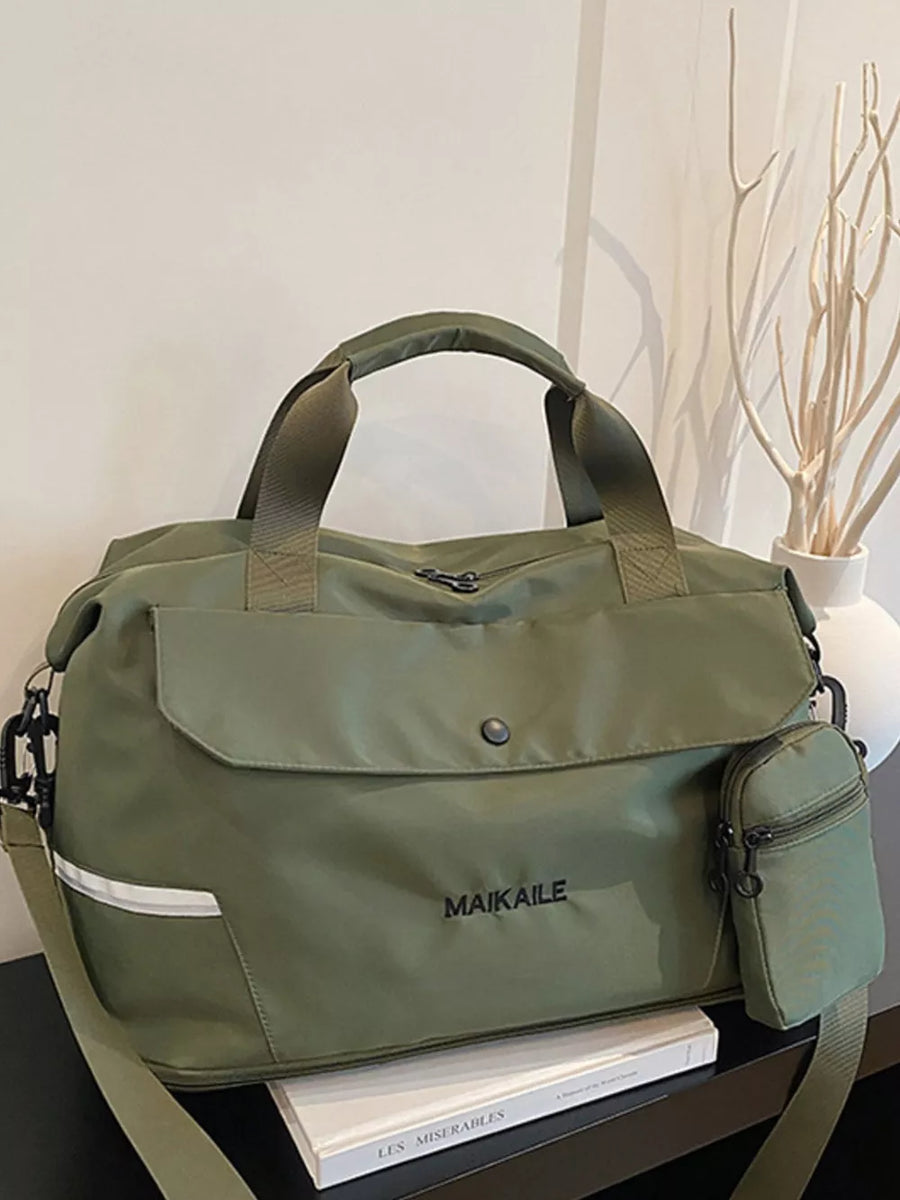 Olive green duffel bag with MAIKAILE logo, front pocket, and detachable pouch.