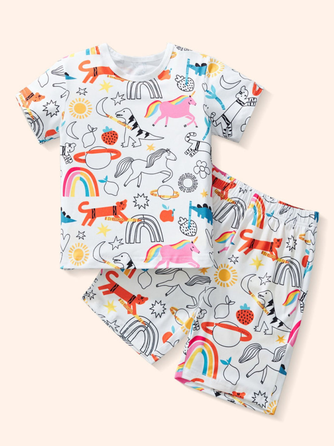 Toddler white polyester crew neck set with playful cartoon print of unicorns, dinosaurs, tigers, and rainbows.