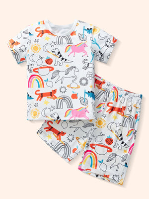 Toddler white polyester crew neck set with playful cartoon print of unicorns, dinosaurs, tigers, and rainbows.