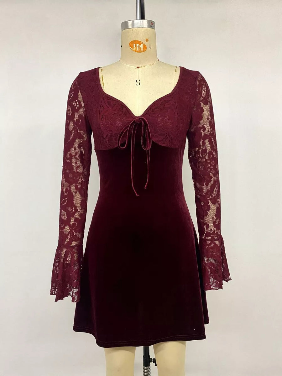 burgundy mini dress with tied and bell sleeve