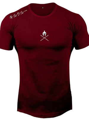 Burgundy muscle fit tee with Spartan helmet graphic and Japanese text detail.