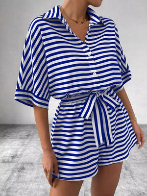 Black Striped Button Front Half Sleeve Romper