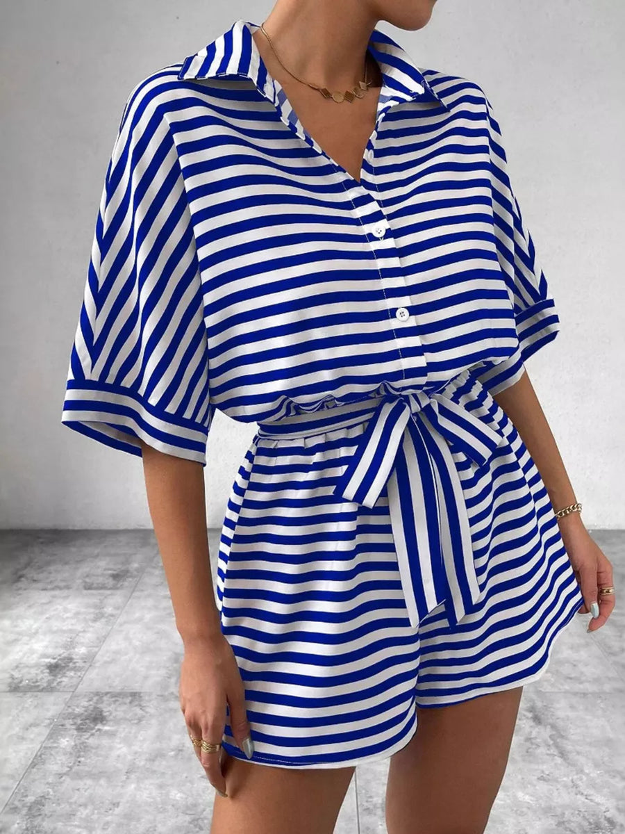 Black Striped Button Front Half Sleeve Romper