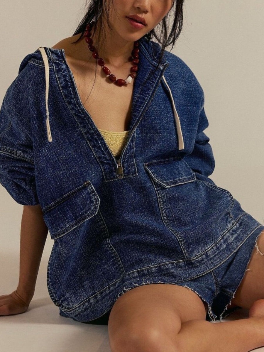 Half Zip Hooded Denim Top in olive green with drawstring