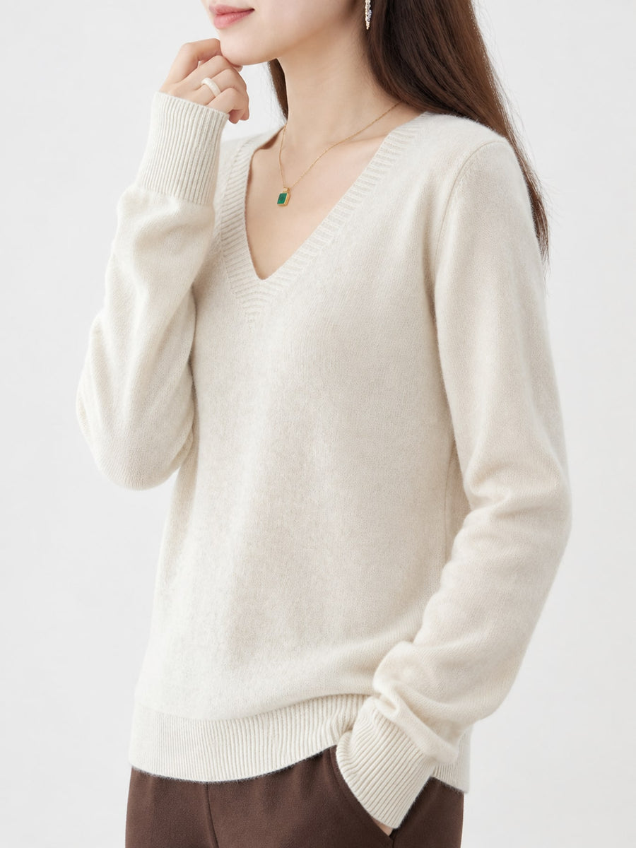 V-Neck Solid Color Sweater in Dark Camel