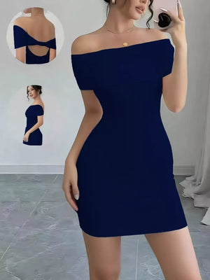 Navy blue bodycon mini dress with off-the-shoulder neckline and draped backless detail.