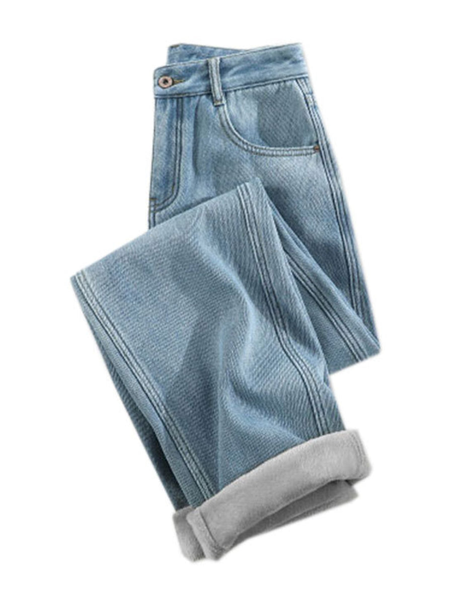 light blue wide-leg jeans with full-length and zipper and button