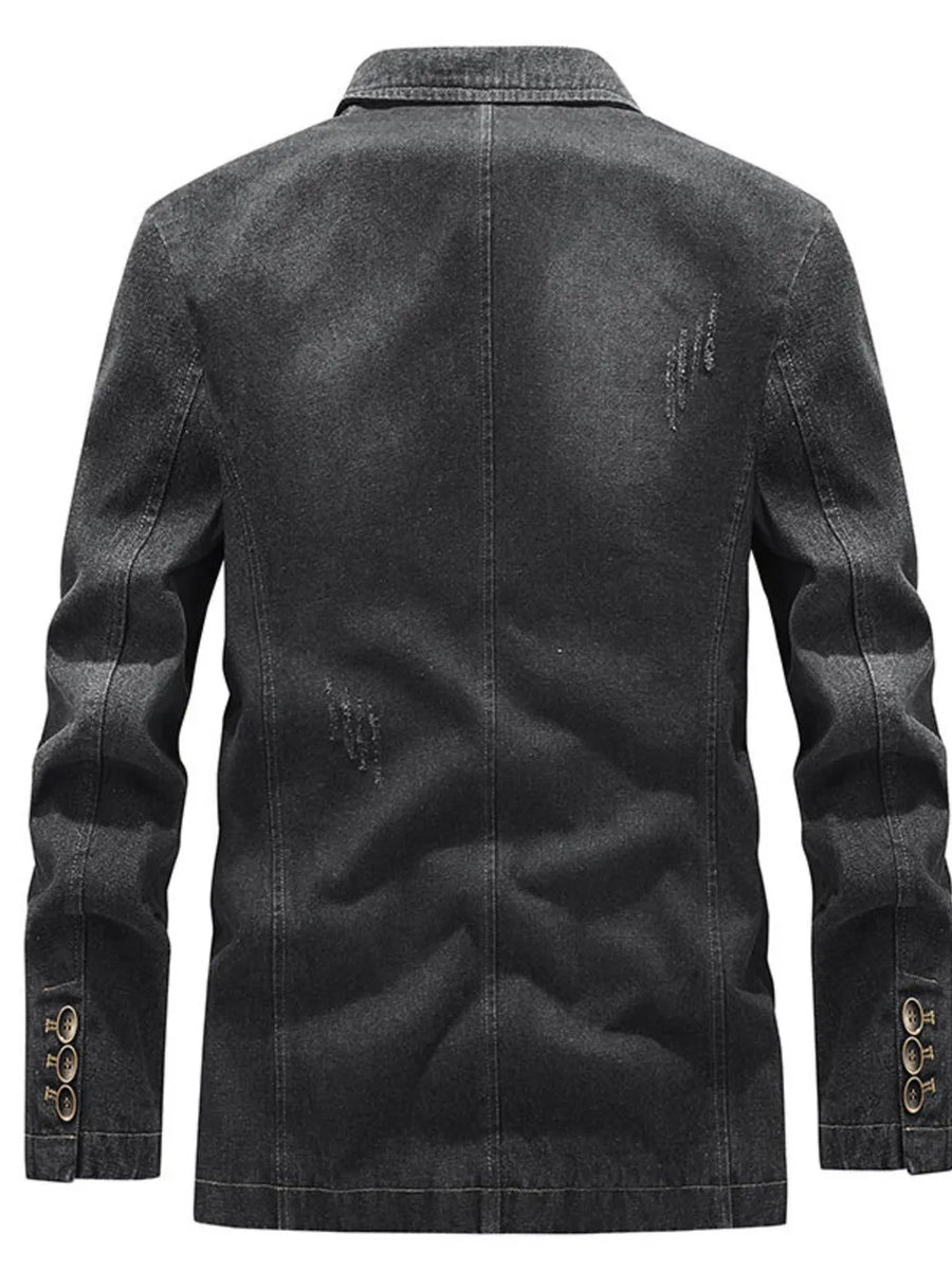 Men's black denim blazer with distressed details and button cuffs.
