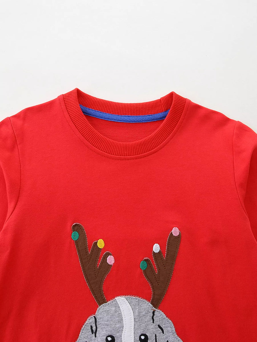Red Christmas dog and reindeer outfit for baby with applique detail.