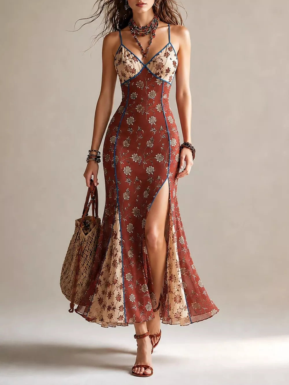 rust maxi dress with floral and deep v-neck