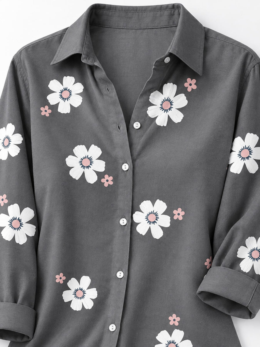 Green button-down shirt with hip-length and button-front