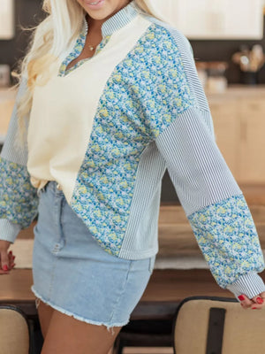 Floral Striped Drop Sleeve Collared Sweatshirt option 10