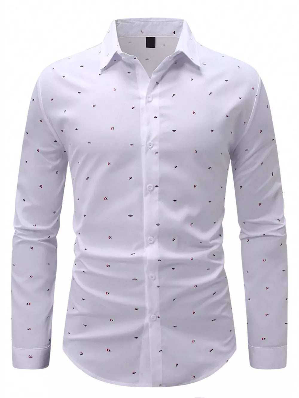 White button-up shirt featuring button cuffs and abstract print