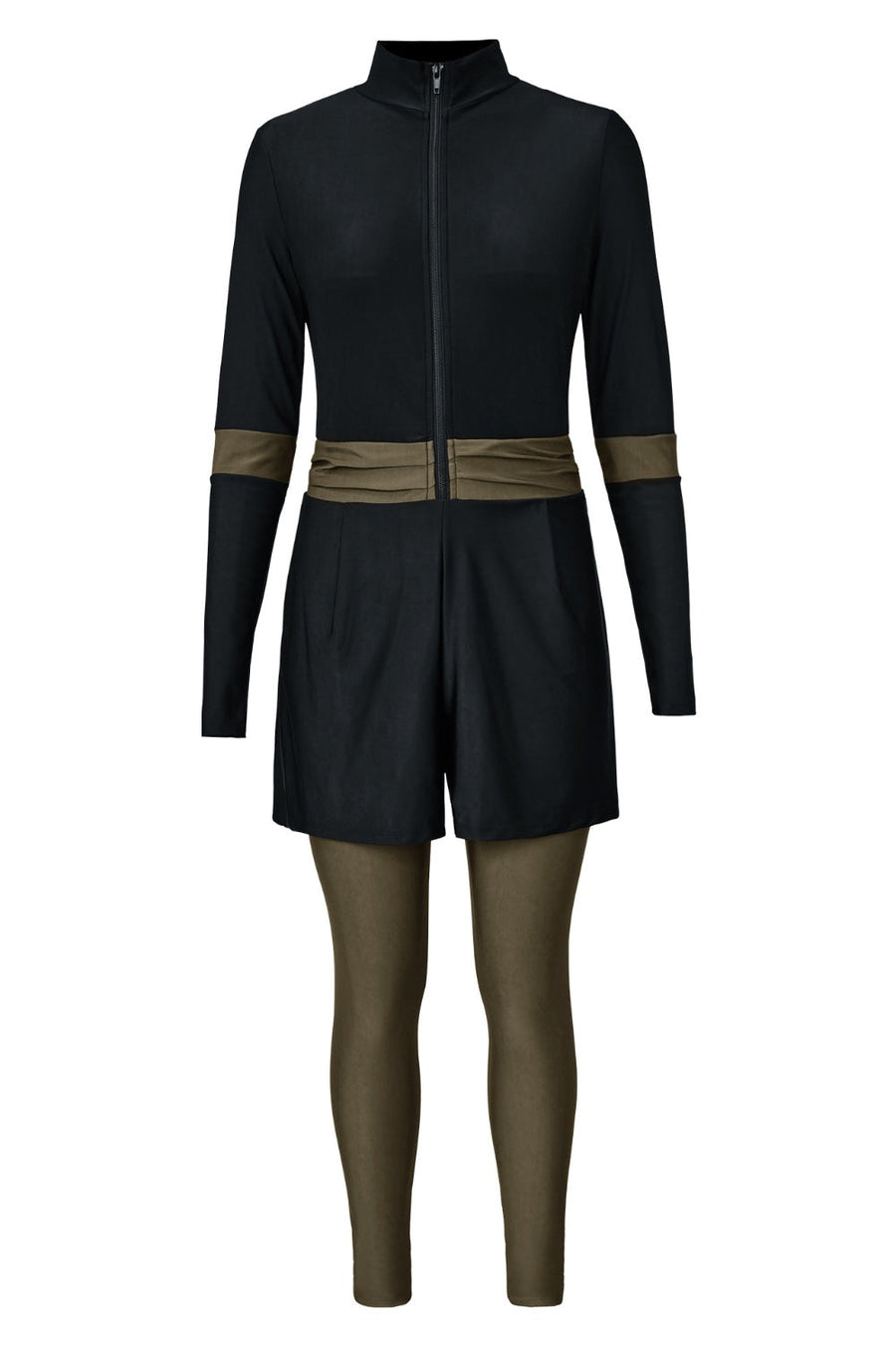 Black sporty one-piece swimsuit with zip detail, shorts, and long sleeves.